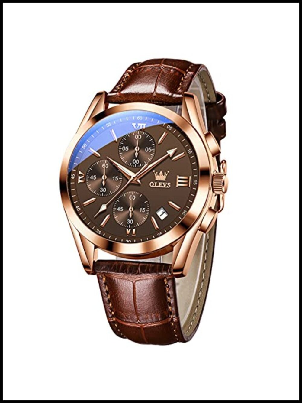 Men's Leather Chronograph Watch Big Face Roman Numeral Quartz 40mm